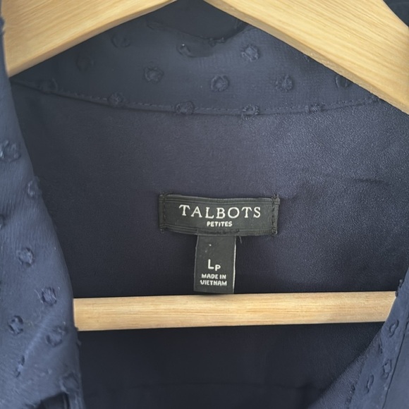Talbots ClipDot Blue Sheer Sleeve Button Down Blouse Career Evening Petite Large - Picture 6 of 10